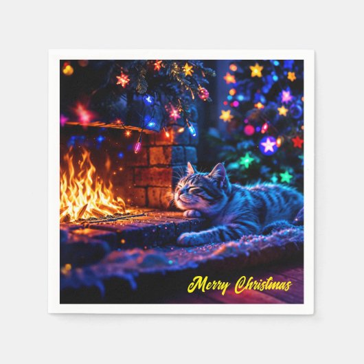 Feestelijke slapende kat kleurrijke dierenliefhebb servet (Voorkant)