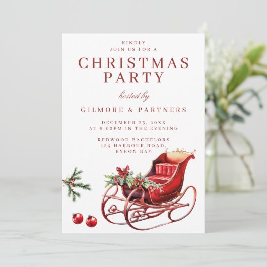 Feestelijke Sleigh Corporate Christmas Party Kaart (Staand voorkant)