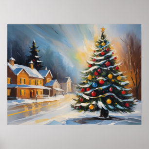 Feestelijke sneeuwhutten met kerstboom poster