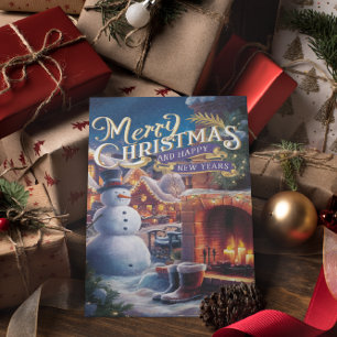 Feestelijke Sneeuwman bij open haard Briefkaart