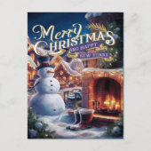 Feestelijke Sneeuwman bij open haard Briefkaart (Voorkant)