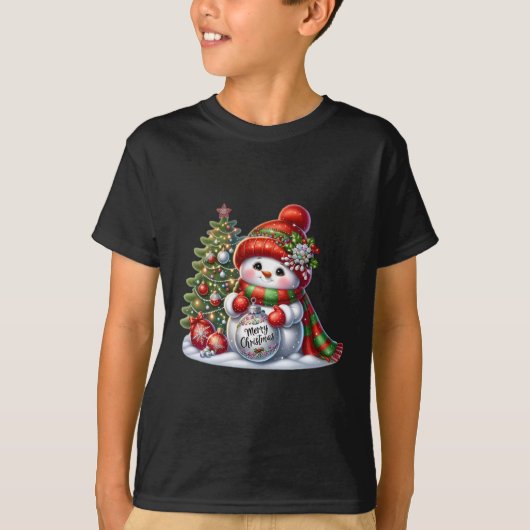 Feestelijke Sneeuwman & Boom Applique Kerstmis Swe T-shirt (Voorkant)