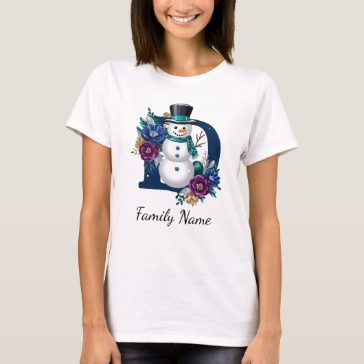 Feestelijke Sneeuwman 'D' Monogram Familie Kerstmi T-shirt (Voorkant)