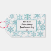 Feestelijke sneeuwman en blauwe sneeuwvlokken cadeaulabel (Achterkant Horizontaal)