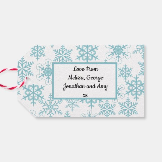 Feestelijke sneeuwman en blauwe sneeuwvlokken cadeaulabel (Achterkant Horizontaal)