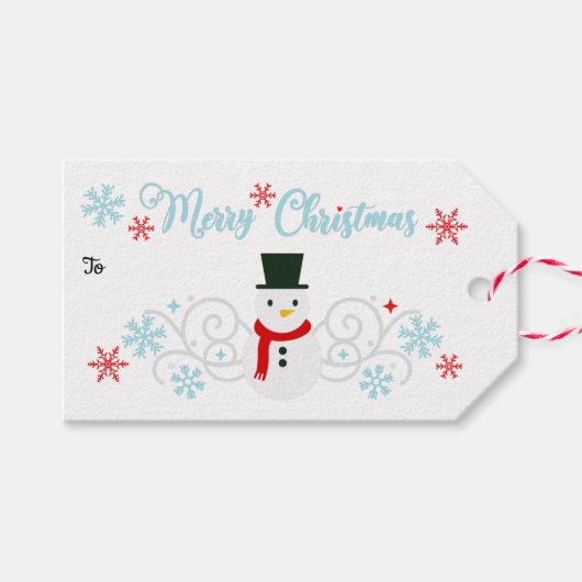 Feestelijke sneeuwman en blauwe sneeuwvlokken cadeaulabel (Voorkant (Horizontaal))