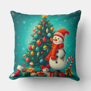 Feestelijke Sneeuwman en Kerstboom met Cadeaus Kussen
