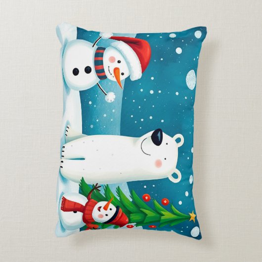 Feestelijke sneeuwman en Polar Beer vieren winter Accent Kussen (Achterkant (Verticaal))