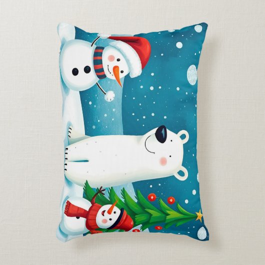 Feestelijke sneeuwman en Polar Beer vieren winter Accent Kussen (Voorkant(Verticaal))