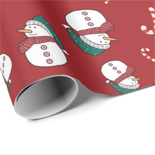 Feestelijke sneeuwman en snoepriet kerstpatroon cadeaupapier (Rol Hoek)