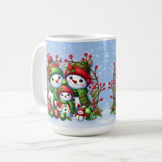 Feestelijke sneeuwman familie koffiemok (Voorkant links)