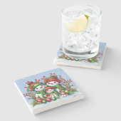 Feestelijke sneeuwman familie stenen onderzetter (Zijkant)