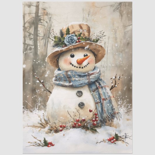 Feestelijke Sneeuwman in Bos Decoupage Tissuepapier (Voorkant)