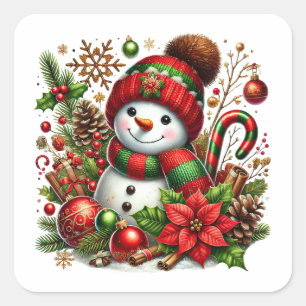 Feestelijke sneeuwman in rood en groen vierkante sticker