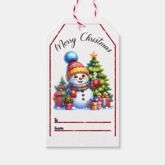 Feestelijke sneeuwman Kerst label met cadeaus en b Cadeaulabel (Voorkant)