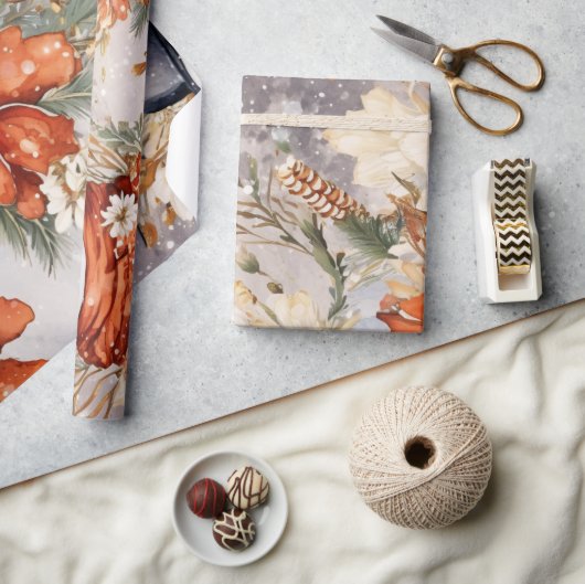 Feestelijke  Sneeuwman & Kerstbloemen Cadeaupapier (Crafts)