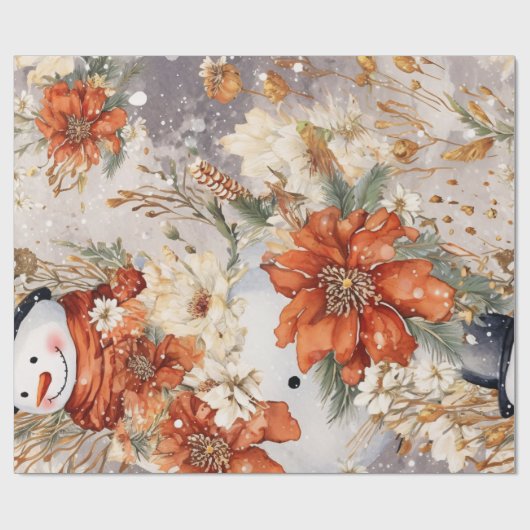 Feestelijke  Sneeuwman & Kerstbloemen Cadeaupapier (Vlak)