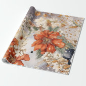 Feestelijke  Sneeuwman & Kerstbloemen Cadeaupapier (Uitgerold)