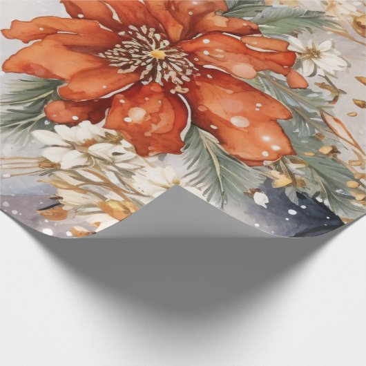 Feestelijke  Sneeuwman & Kerstbloemen Cadeaupapier (Hoek)