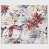 Feestelijke Sneeuwman & Kerstbloemen Cadeaupapier (Vlak)