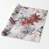 Feestelijke Sneeuwman & Kerstbloemen Cadeaupapier (Uitgerold)