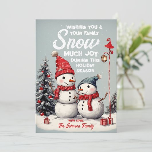 Feestelijke  Sneeuwman Kerstmis Familie Foto Feestdagenkaart (Staand voorkant)