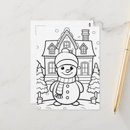 Feestelijke sneeuwman kinder kleurstof briefkaart (Voorkant / Achterkant in situ)