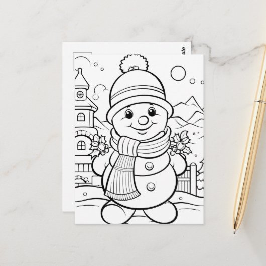 Feestelijke Sneeuwman kinder kleurstof Briefkaart (Voorkant / Achterkant in situ)