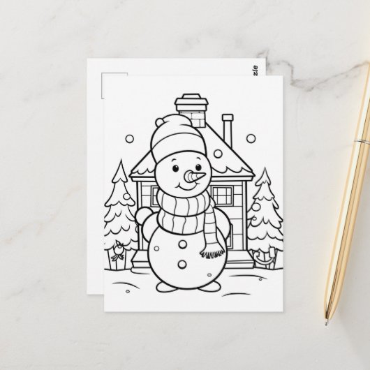 Feestelijke Sneeuwman kinder kleurstof Briefkaart (Voorkant / Achterkant in situ)