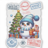 Feestelijke sneeuwman met cadeaus in de buurt van sticker (Voorkant)
