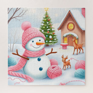 Feestelijke sneeuwman met herten in een winterwond legpuzzel
