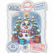 Feestelijke sneeuwman met kerstzegels en Cadeaus Sticker (Voorkant)