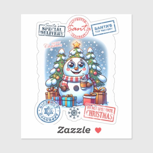 Feestelijke sneeuwman met kerstzegels en Cadeaus Sticker (Vel)