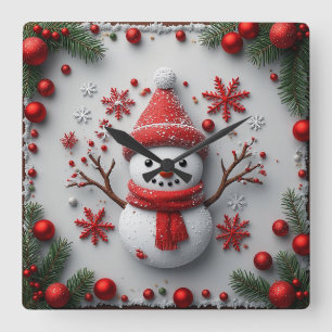 Feestelijke Sneeuwman Ontwerp met Kerstversiering Vierkante Klok