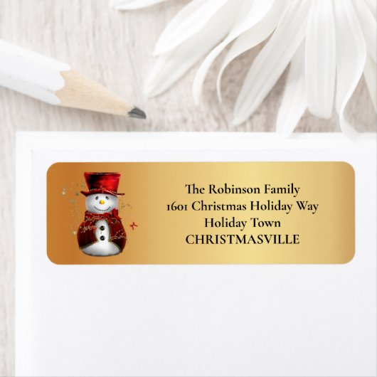 Feestelijke Sneeuwman op Gouden Kerstmis Etiket (Insitu)