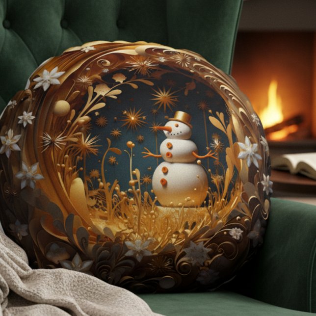 Feestelijke Sneeuwman Rond Kussen (teal gold winter wonderland snowman festive throw pillow Christmas gift, cozy home accent)