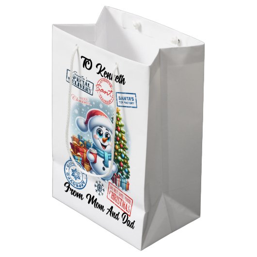 Feestelijke sneeuwman & Santa Sack Cheer Medium Cadeauzakje (Voorkant Gekanteld)
