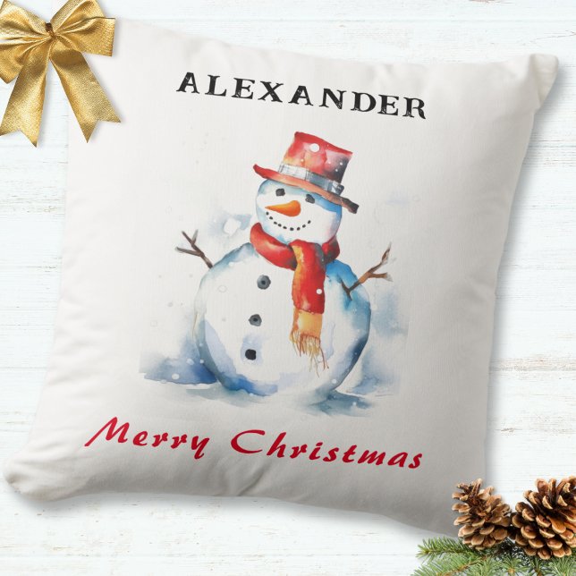 Feestelijke sneeuwpop grillige aangepaste vrolijke kussen (A personalized festive throw pillow, with snowman picture and Merry Christmas greeting)