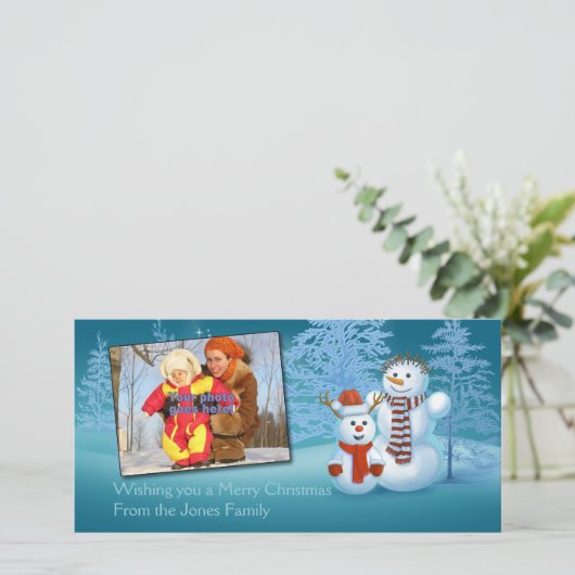 Feestelijke sneeuwpoppen Fotokaart Feestdagenkaart (Staand voorkant)