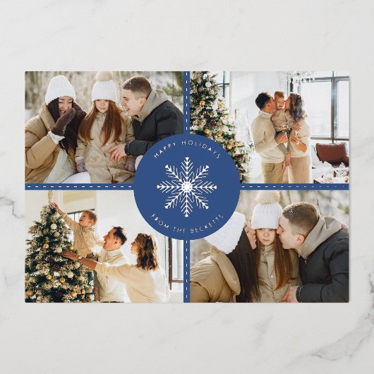 Feestelijke Sneeuwvlok Kerstmis 4 Foto Echt Folie Feestdagenkaart (Voorkant)