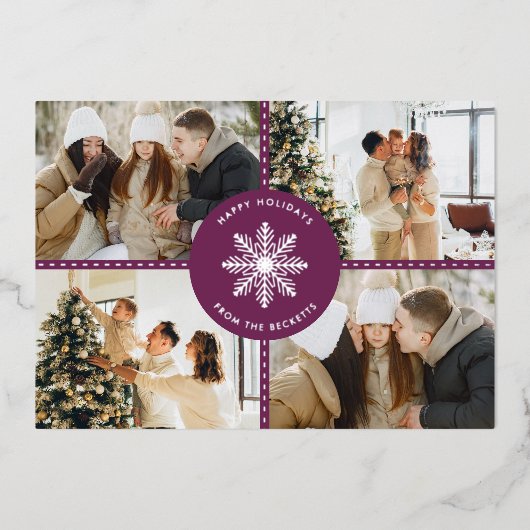 Feestelijke Sneeuwvlok Kerstmis 4 Foto Echt Folie Feestdagenkaart (Voorkant)