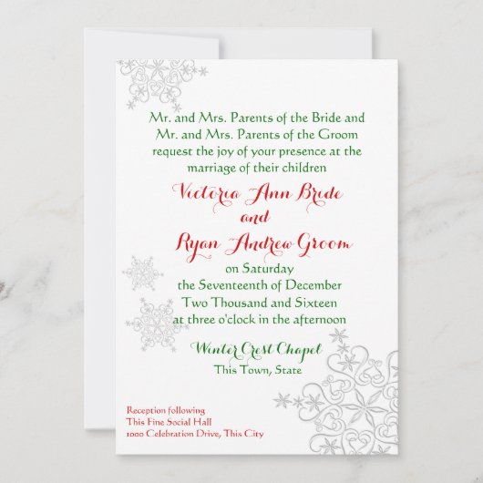 Feestelijke Sneeuwvlok Rood met Groene Winter Wedd Kaart (Voorkant)