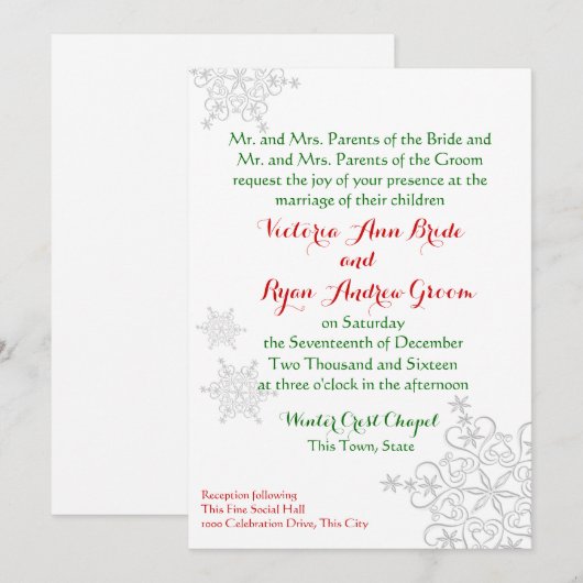 Feestelijke Sneeuwvlok Rood met Groene Winter Wedd Kaart (Voorkant / Achterkant)