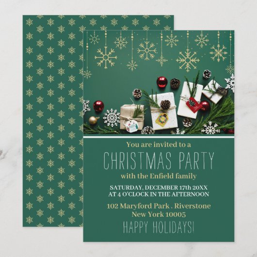 Feestelijke Sneeuwvlokken, Kerstfeest Uitnodiging (Voorkant / Achterkant)