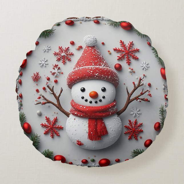 Feestelijke Snowman Design met kerstversiering Rond Kussen (Voorkant)