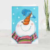 Feestelijke Snowman en Bluebird Christmas Kaart (Voorkant)