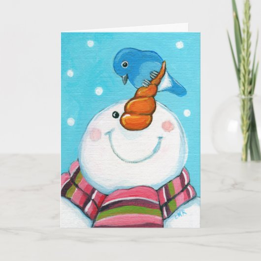 Feestelijke Snowman en Bluebird Christmas Kaart (Voorkant)
