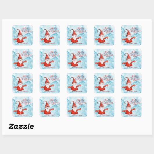 Feestelijke Snowy Blue en Red Gnome Vrolijk Kerstf Vierkante Sticker (Vel)