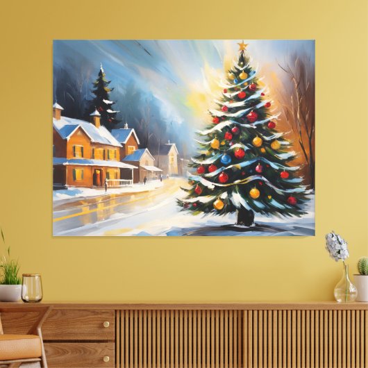 Feestelijke Snowy Cabin met kerstboom Canvas Afdruk (Insitu (Woonkamer))