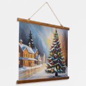 Feestelijke Snowy Cabin met kerstboom Hangend Wandkleed (Gebogen)